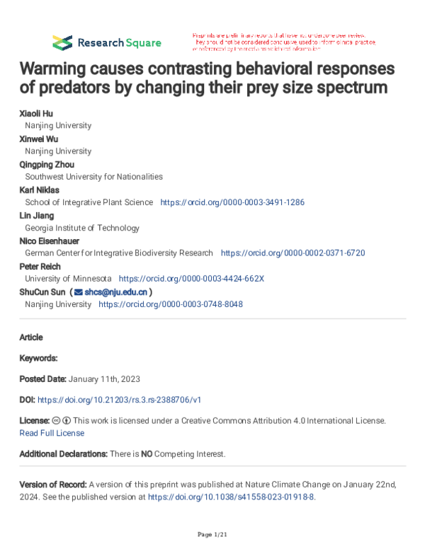 (PDF) Warming causes contrasting behavioral responses of predators by ...