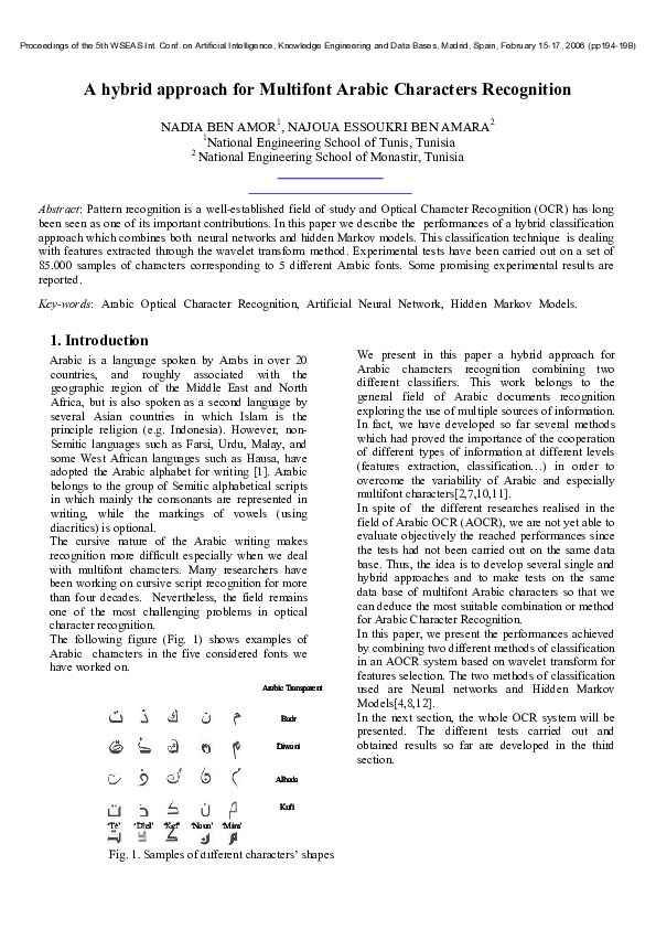 (PDF) A hybrid approach for multifont Arabic characters recognition
