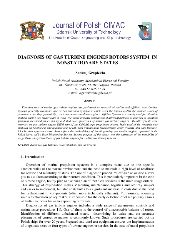 (PDF) Diagnosis of gas turbine engines rotors systems in nonstationary ...