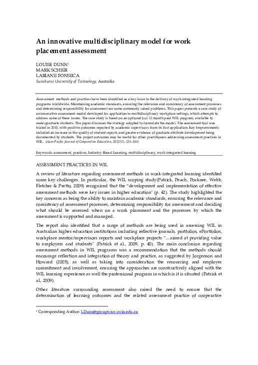 (PDF) An innovative multidisciplinary model for work placement assessment