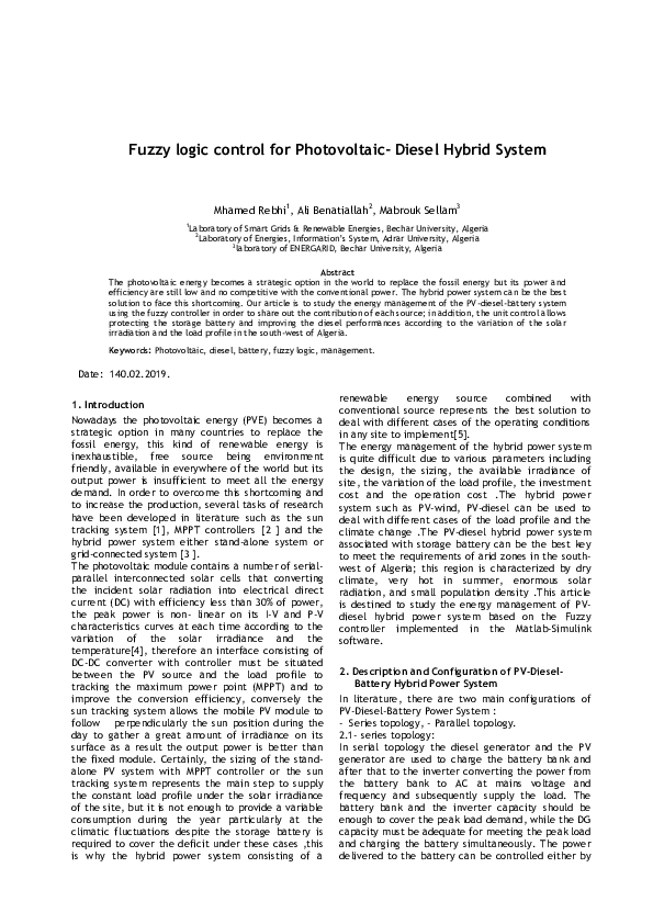 (PDF) Fuzzy logic control for Photovoltaic-Diesel Hybrid System