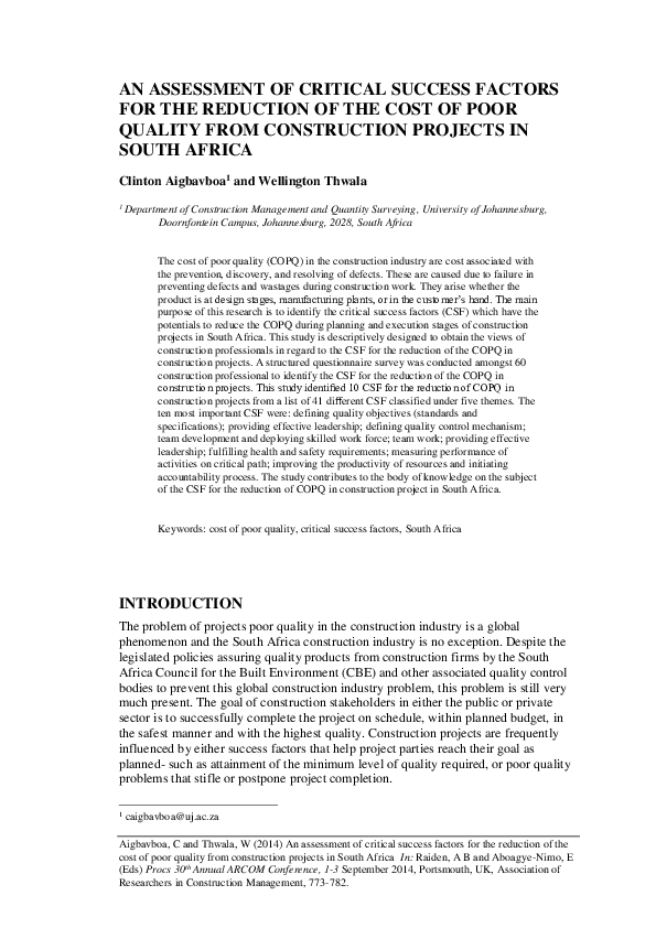 (PDF) An assessment of critical success factors for the reduction of ...