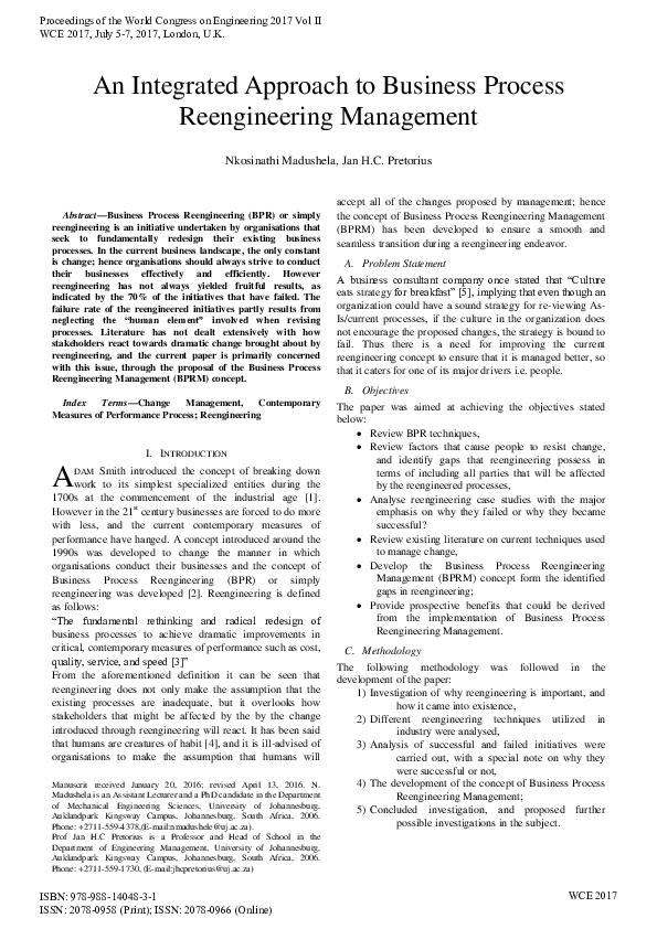 (PDF) An integrated approach to business process reengineering management
