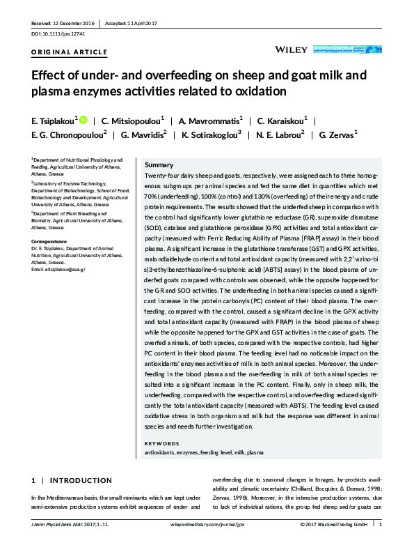 (PDF) Effect of under‐ and overfeeding on sheep and goat milk and ...