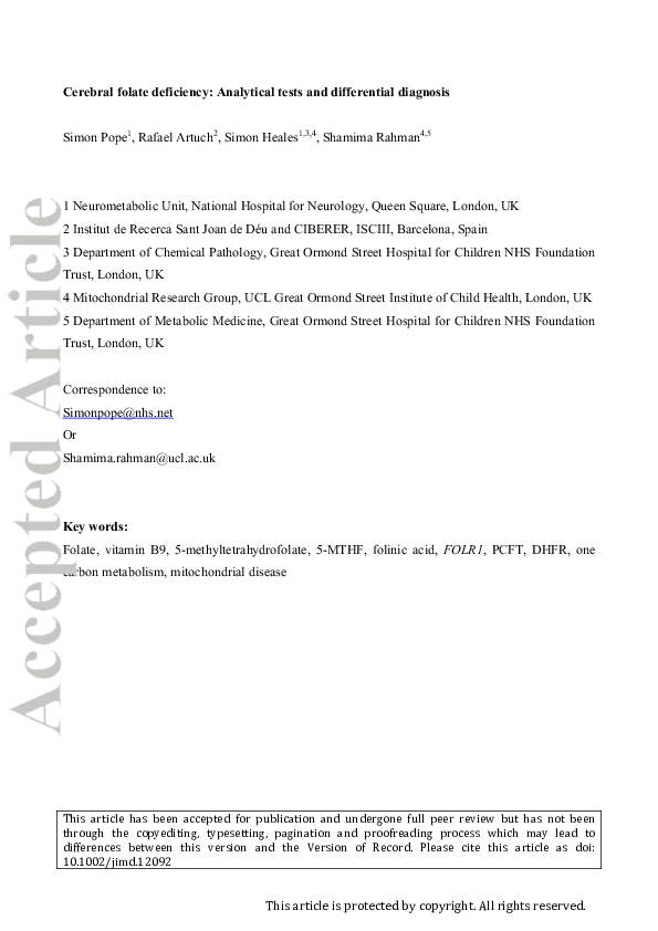 (PDF) Cerebral folate deficiency: Analytical tests and differential ...