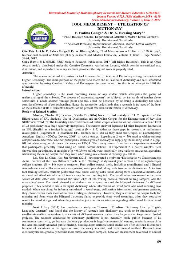 Tool Measurement – 'Utilization Of Dictionary