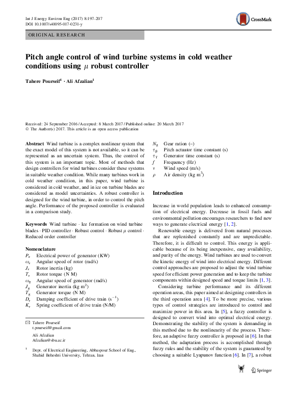 (PDF) Pitch angle control of wind turbine systems in cold weather ...