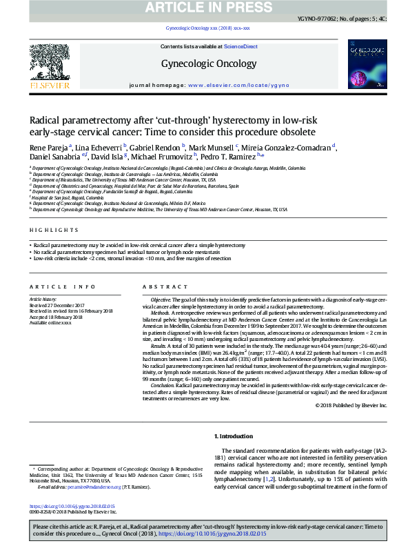 (PDF) Radical parametrectomy after 'cut-through' hysterectomy in low ...