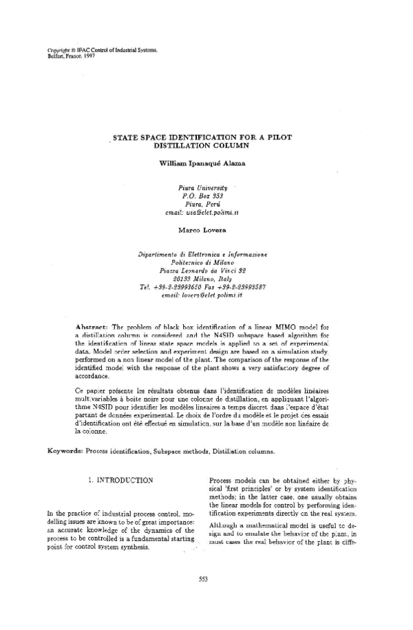 (PDF) State Space Identification for a Pilot Distillation Column
