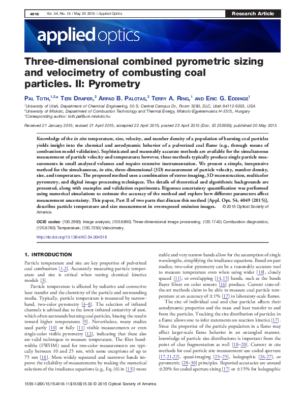 (PDF) Three-dimensional combined pyrometric sizing and velocimetry of ...