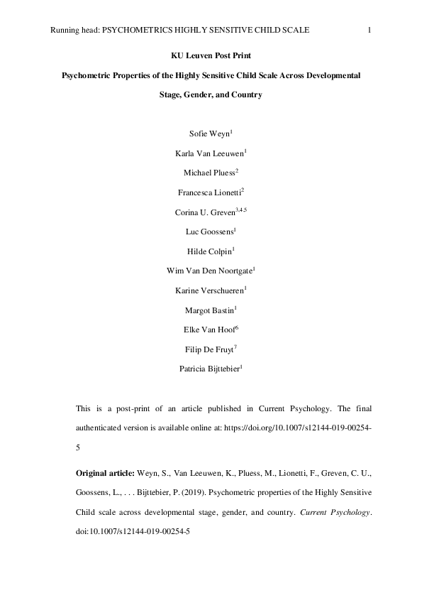 (PDF) Psychometric properties of the Highly Sensitive Child scale ...