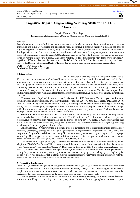 (PDF) Cognitive Rigor: Augmenting Writing Skills in the EFL Classroom
