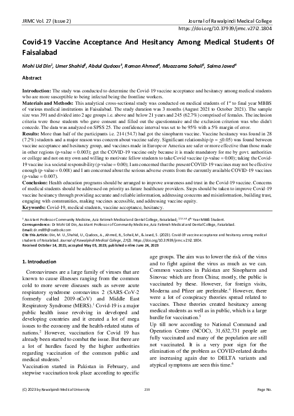 (PDF) Covid-19 vaccine acceptance and hesitancy among medical students ...