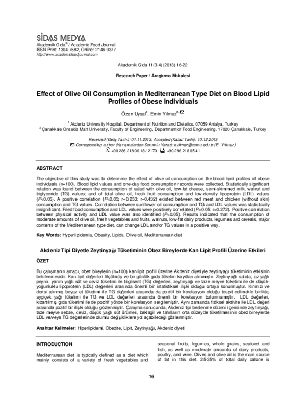 (PDF) Effect of Olive Oil Consumption in Mediterranean Type Diet on ...