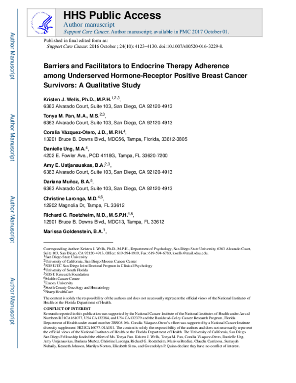(PDF) Barriers and facilitators to endocrine therapy adherence among ...