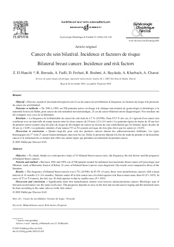 (PDF) Cancer du sein bilatéral. Incidence et facteurs de risque