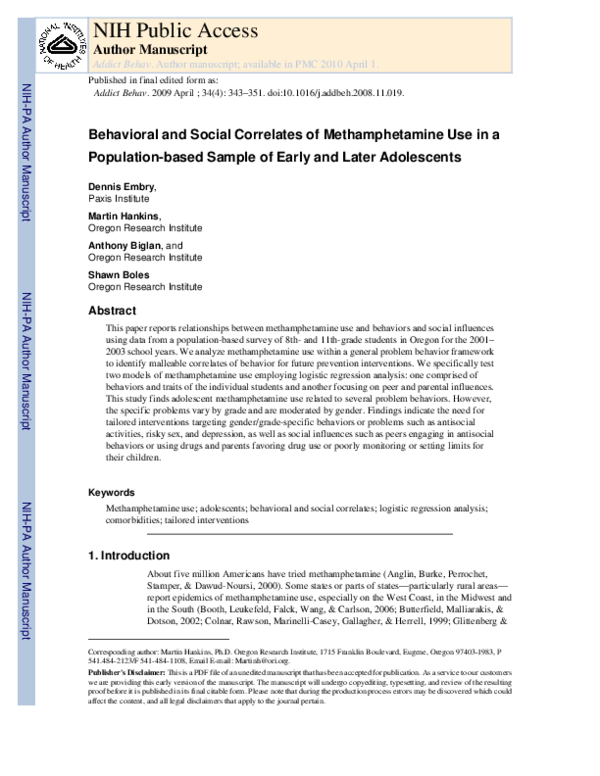 (PDF) Behavioral and social correlates of methamphetamine use in a ...