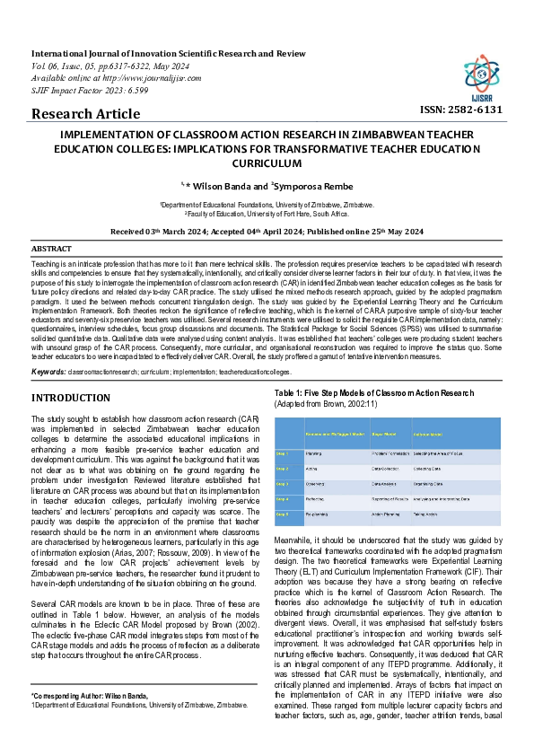 PDF) IMPLEMENTATION OF CLASSROOM ACTION RESEARCH IN ZIMBABWEAN 