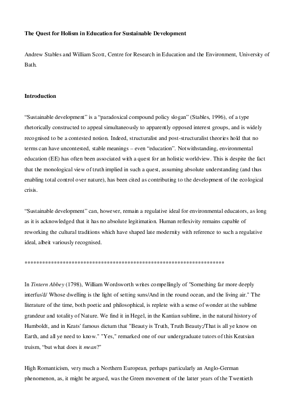 (PDF) The Quest for Holism in Education for Sustainable Development