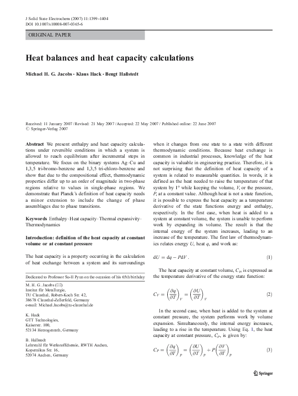 (PDF) Heat balances and heat capacity calculations