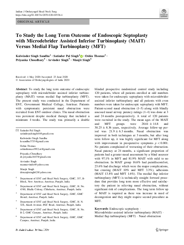 (PDF) To Study the Long Term Outcome of Endoscopic Septoplasty with ...