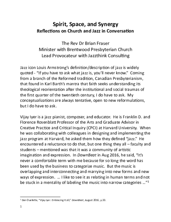 (PDF) Spirit, Space, and Synergy Reflections on Church and Jazz in ...