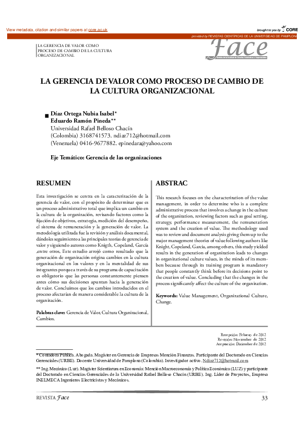 (PDF) La Gerencia De Valor Como Proceso De Cambio De La Cultura ...