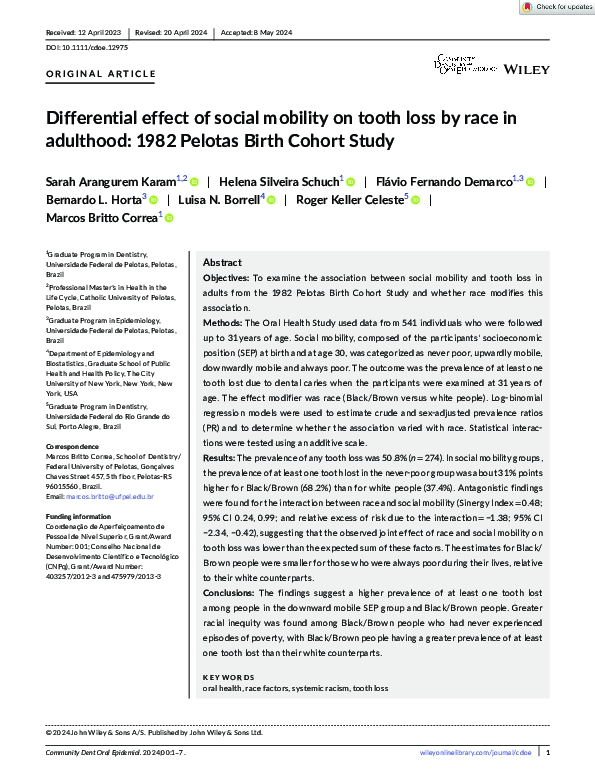 (PDF) Differential effect of social mobility on tooth loss by race in ...