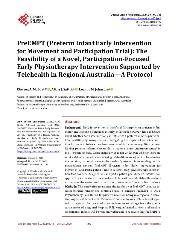(PDF) PreEMPT (Preterm Infant Early Intervention for Movement and ...