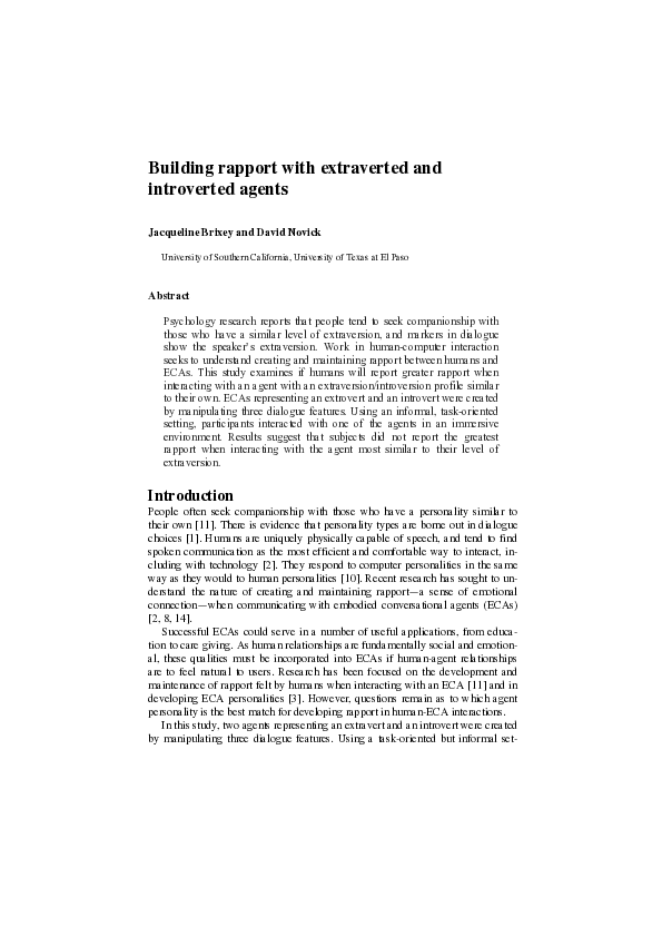 (PDF) Building Rapport with Extraverted and Introverted Agents