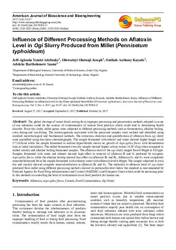 (PDF) Influence of Different Processing Methods on Aflatoxin Level in ...