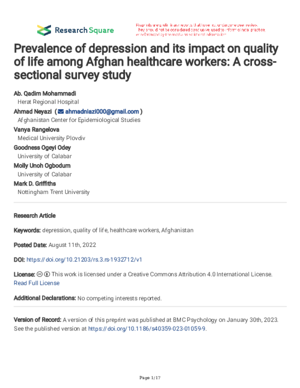 (PDF) Prevalence of depression and its impact on quality of life among ...