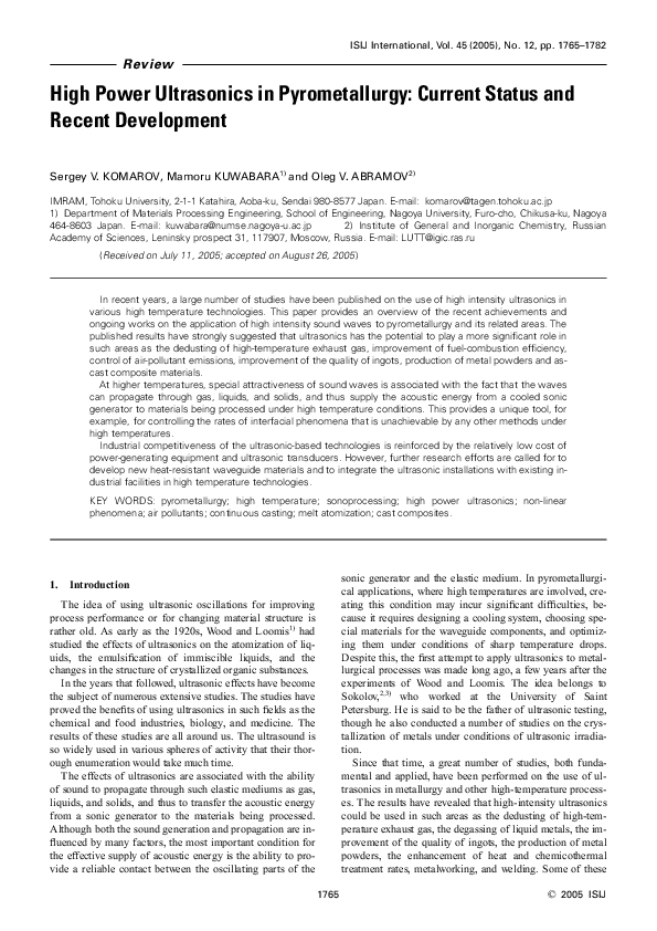 (PDF) High Power Ultrasonics in Pyrometallurgy: Current Status and ...