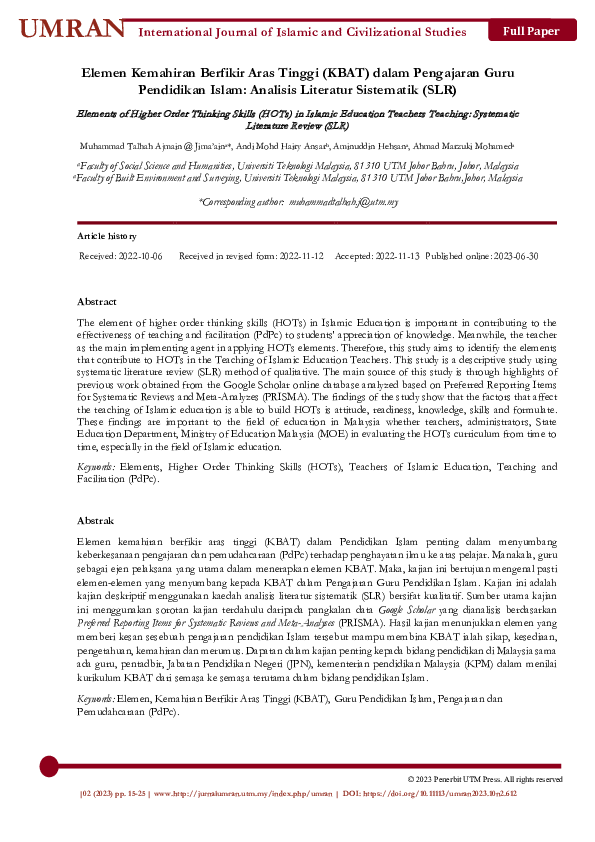 (PDF) Elemen Kemahiran Berfikir Aras Tinggi (KBAT) dalam Pengajaran ...