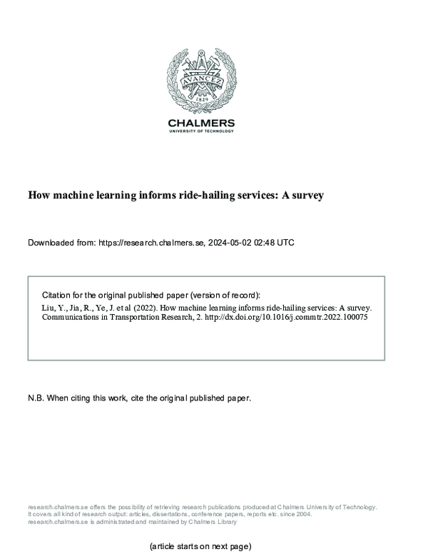 (PDF) How machine learning informs ride-hailing services: A survey