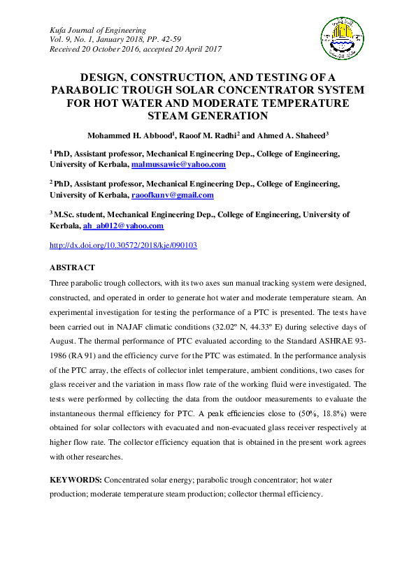 (PDF) Design, construction, and testing of a parabolic trough solar ...