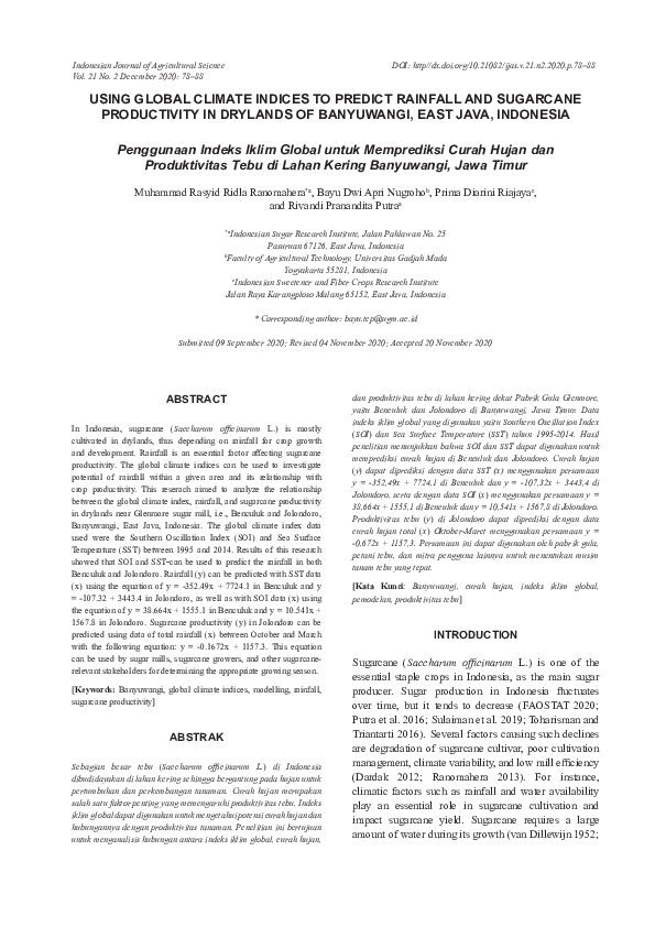 (PDF) Using global climate indices to predict rainfall and sugarcane ...