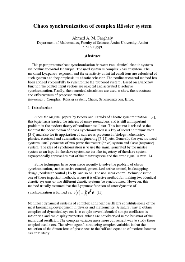Chaos synchronization of complex Rössler system