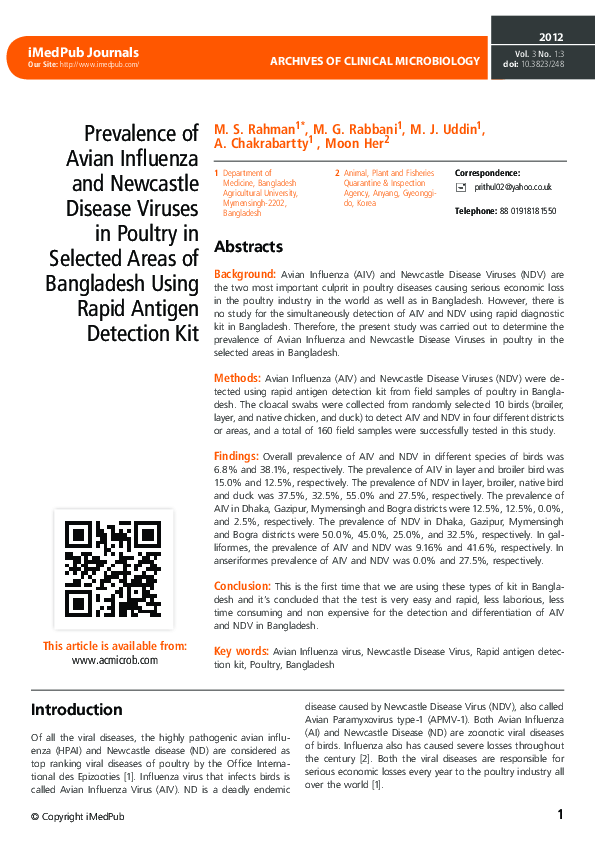 (PDF) Prevalence of Avian Influenza and Newcastle Disease Viruses in ...
