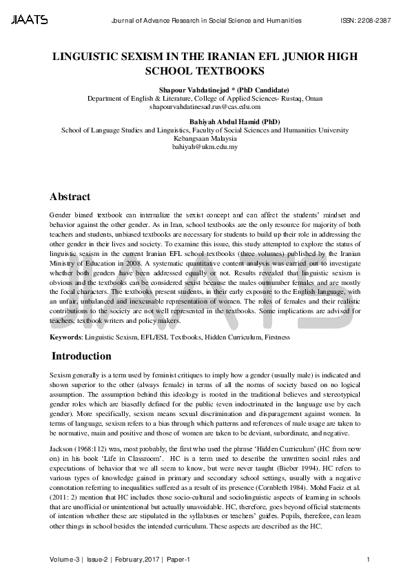 (PDF) Linguistic Sexism in the Iranian EFL Junior High School Textbooks