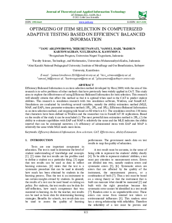 (PDF) Optimizing of Item Selection in Computerized Adaptive Testing ...