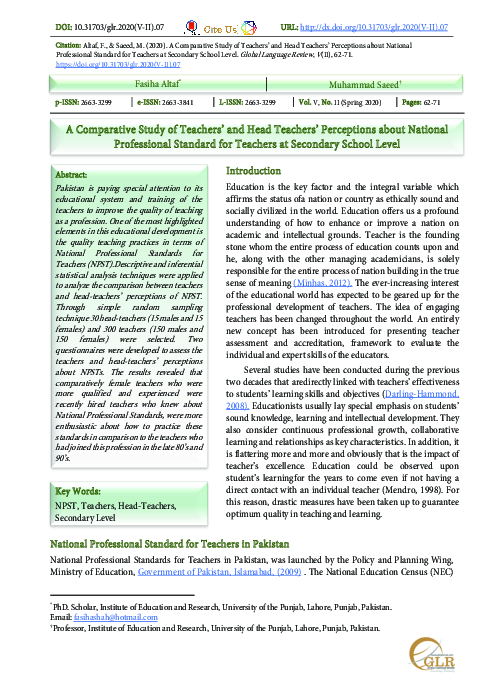(PDF) A Comparative Study of Teachers' and Head Teachers' Perceptions ...