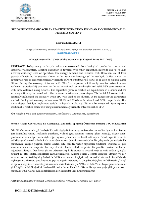 (PDF) Recovery of Formic Acid by Reactive Extraction Using an ...