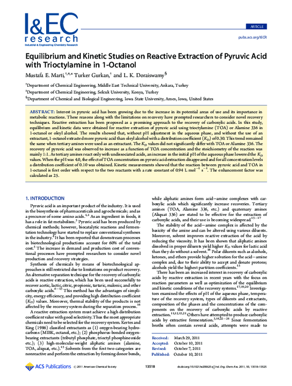 (PDF) Equilibrium and Kinetic Studies on Reactive Extraction of Pyruvic ...