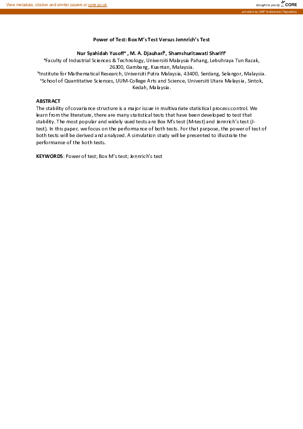 (PDF) Power Of Test: Box M’s Test Versus Jennrich’s Test