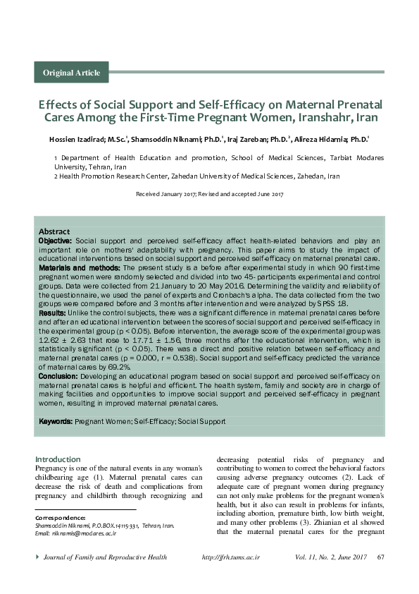 (PDF) Effects of Social Support and Self-Efficacy on Maternal Prenatal ...