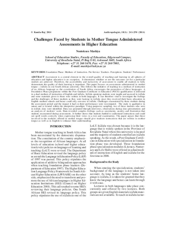 (PDF) Challenges Faced by Students in Mother Tongue Administered ...