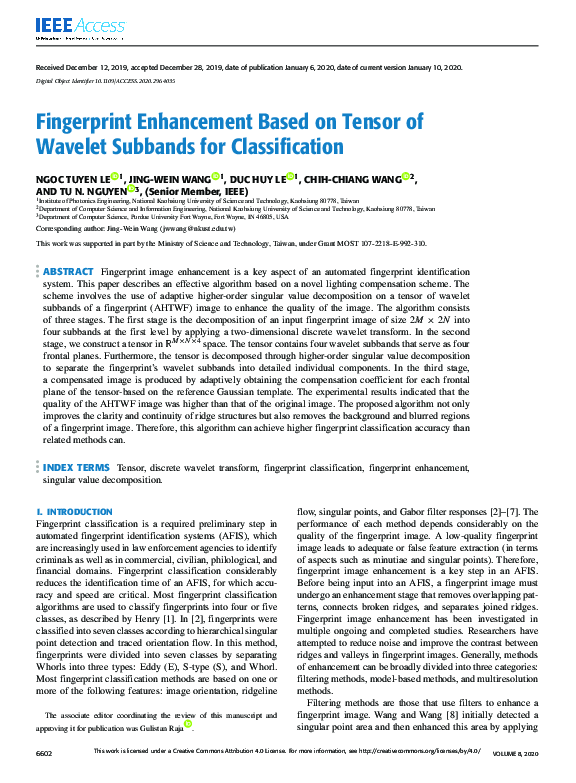 (PDF) Fingerprint Enhancement Based on Tensor of Wavelet Subbands for ...