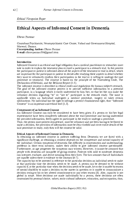 (PDF) Ethical Aspects of Informed Consent in Dementia