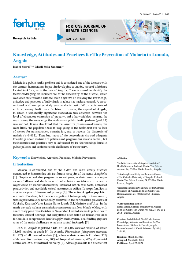 (PDF) Knowledge, Attitudes and Practices for The Prevention of Malaria ...